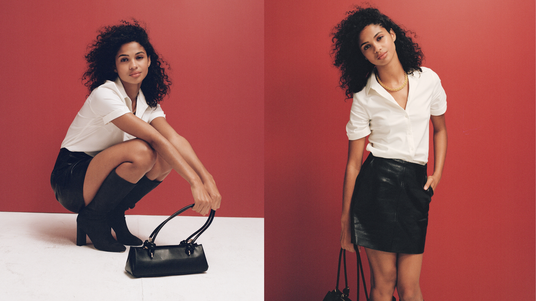 Two shots of a white short-sleeve shirt worn with a black leather mini skirt, boots and black handbag