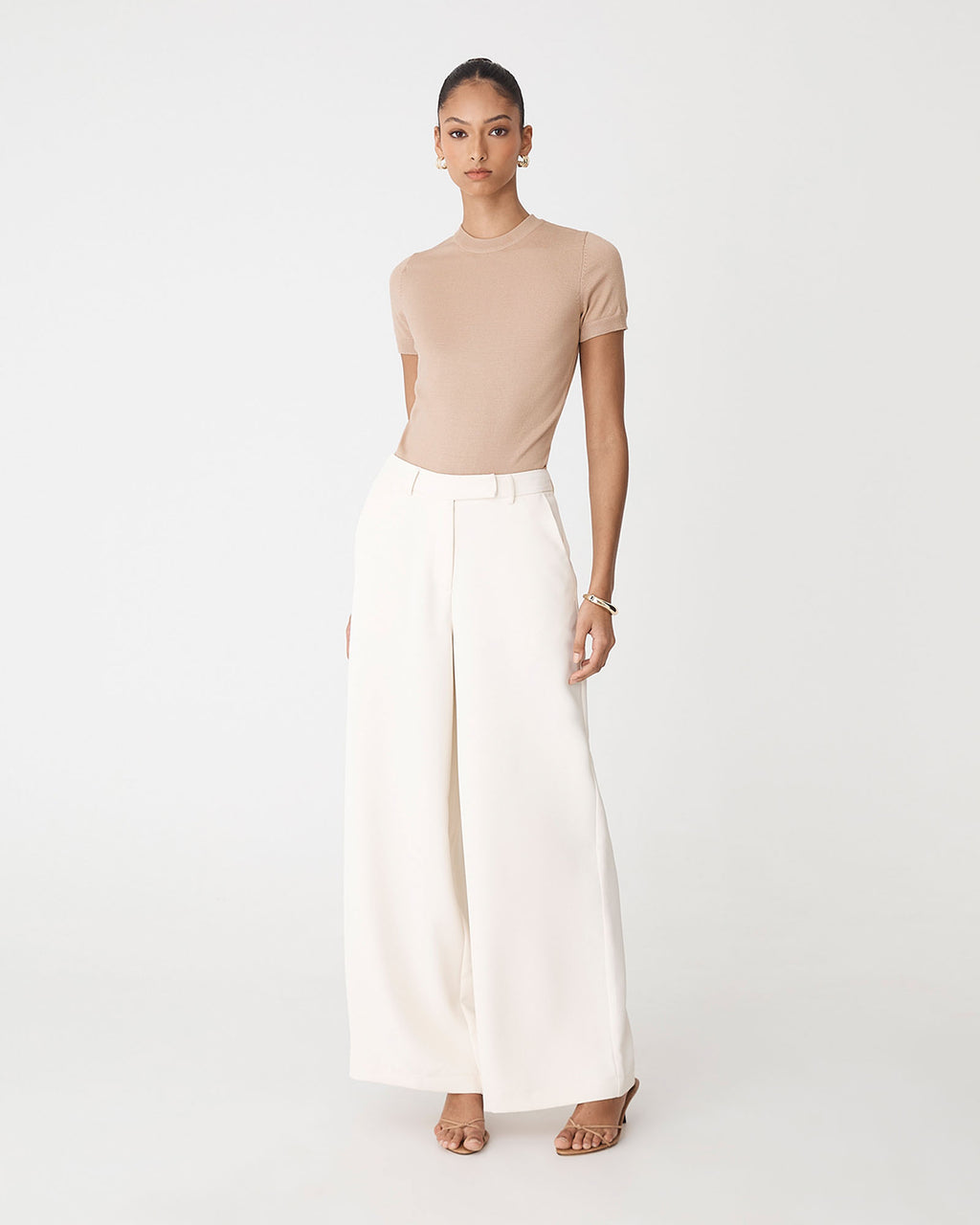 Catherine Short Sleeve Knit in light taupe — full-length view