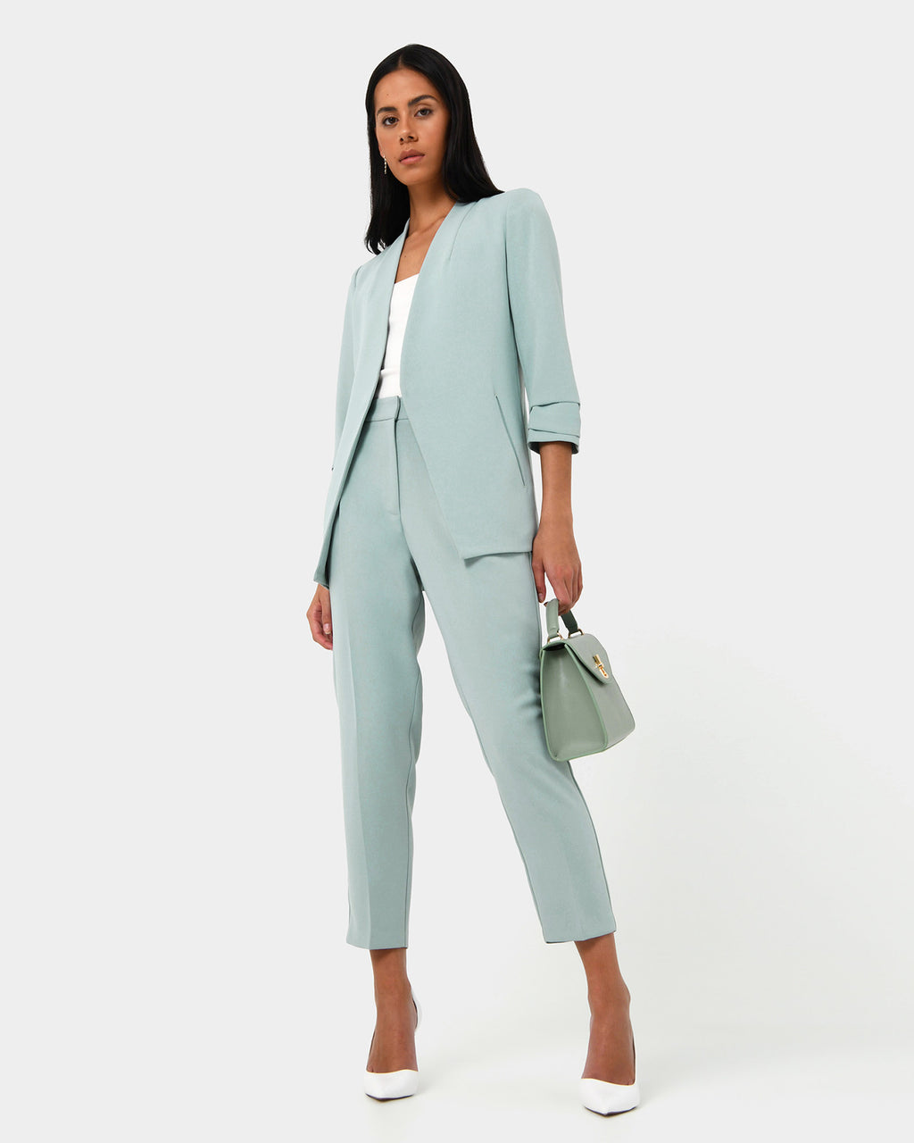 Carter 2 Collarless Blazer in pastel sage — full-length view