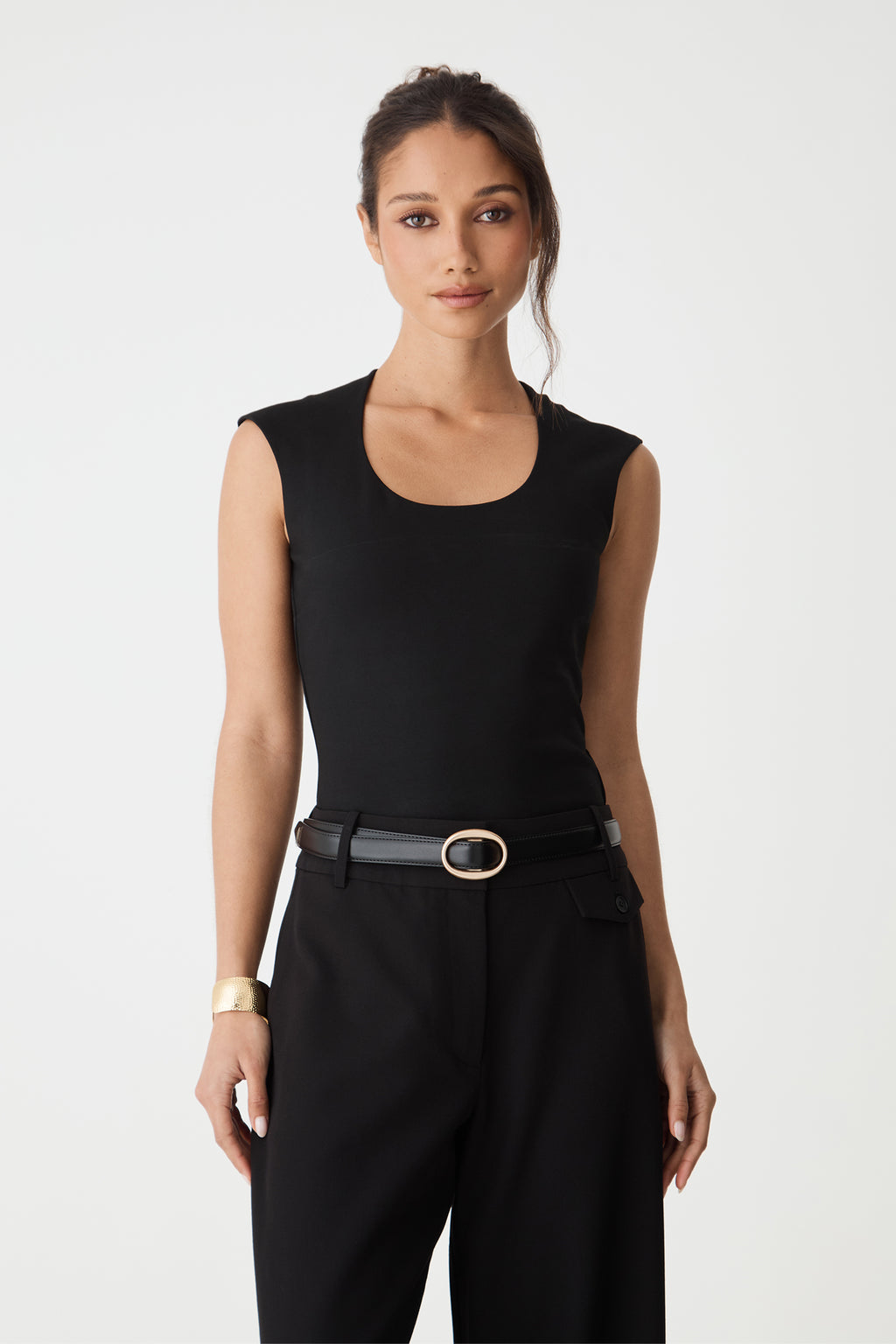 Front close-up of the black Soho Scoop Neck Top, showing scoop neckline and cap sleeves