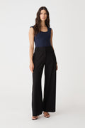 Soho Scoop Neck Top in dark navy, front view worn with black wide-leg trousers