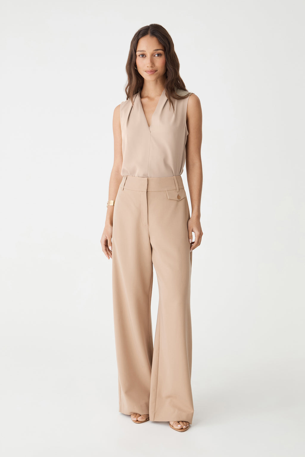 Alivia 2 V-Neck Top in bone, front view, worn tucked into beige wide-leg trousers