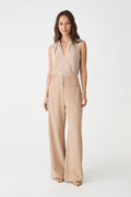 Alivia 2 V-Neck Top in bone, front view, worn tucked into beige wide-leg trousers