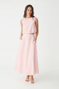 Kenya Linen Skirt in Fairy Floss pink, front view, worn with matching sleeveless top