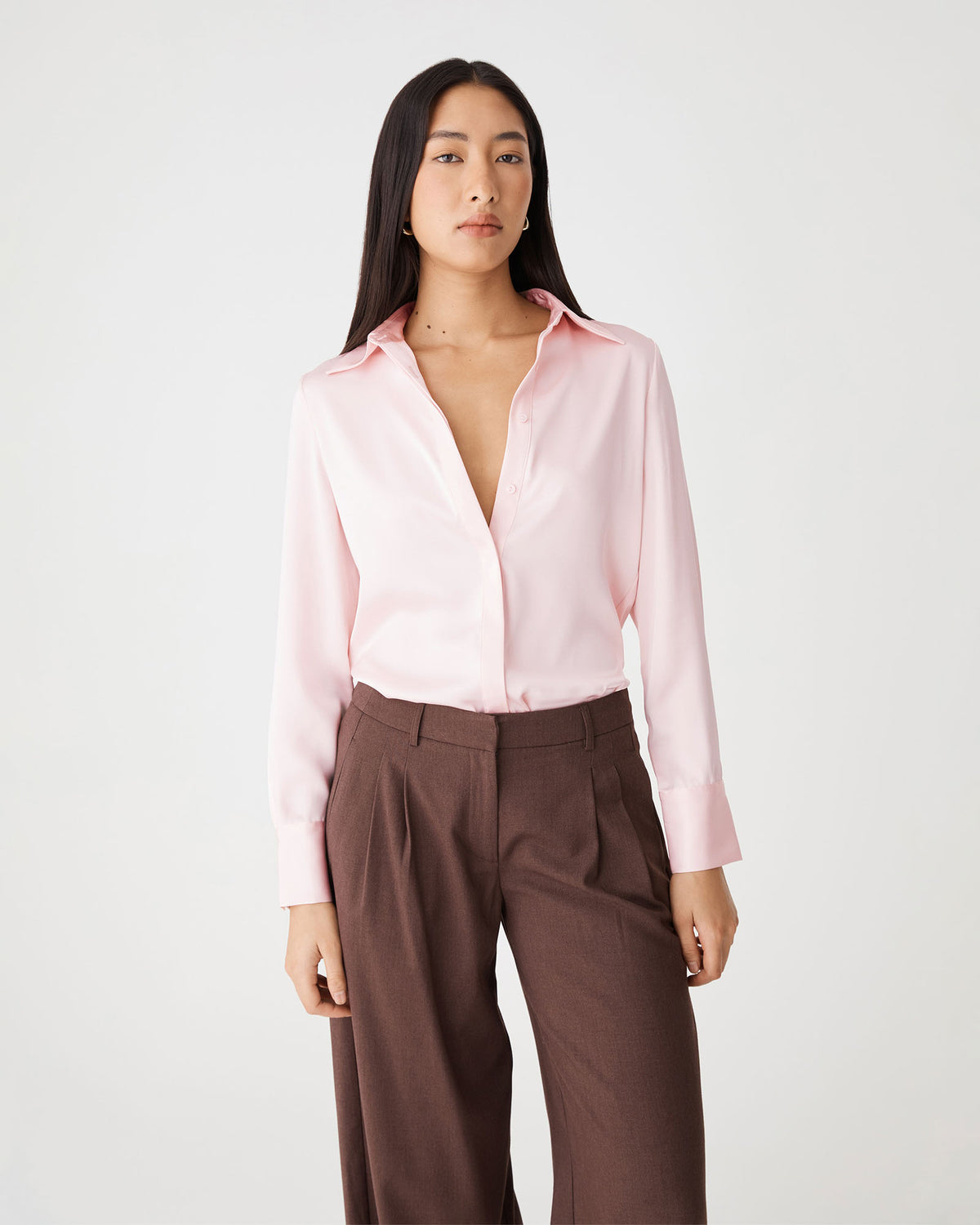 Mae Satin Shirt in pink — close-up view