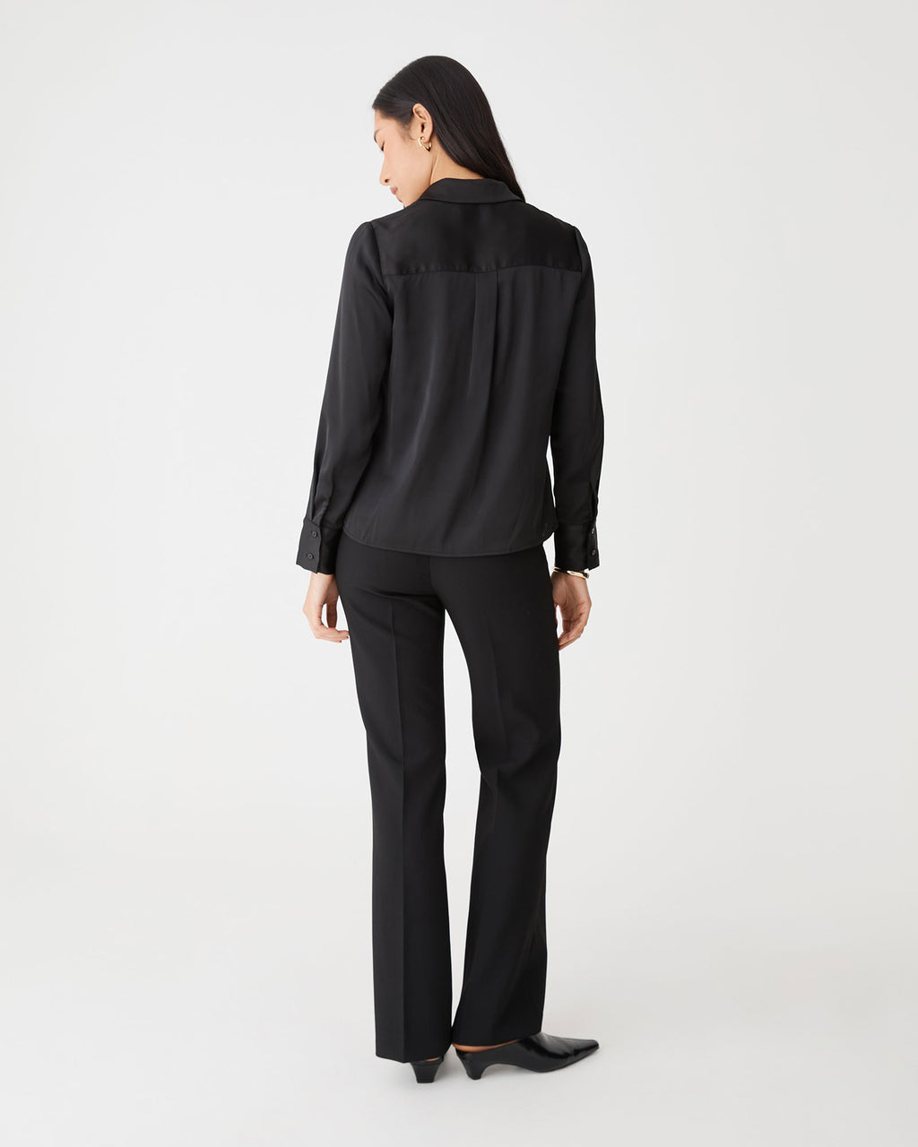 Lila V-Neck Satin Blouse in black — back view