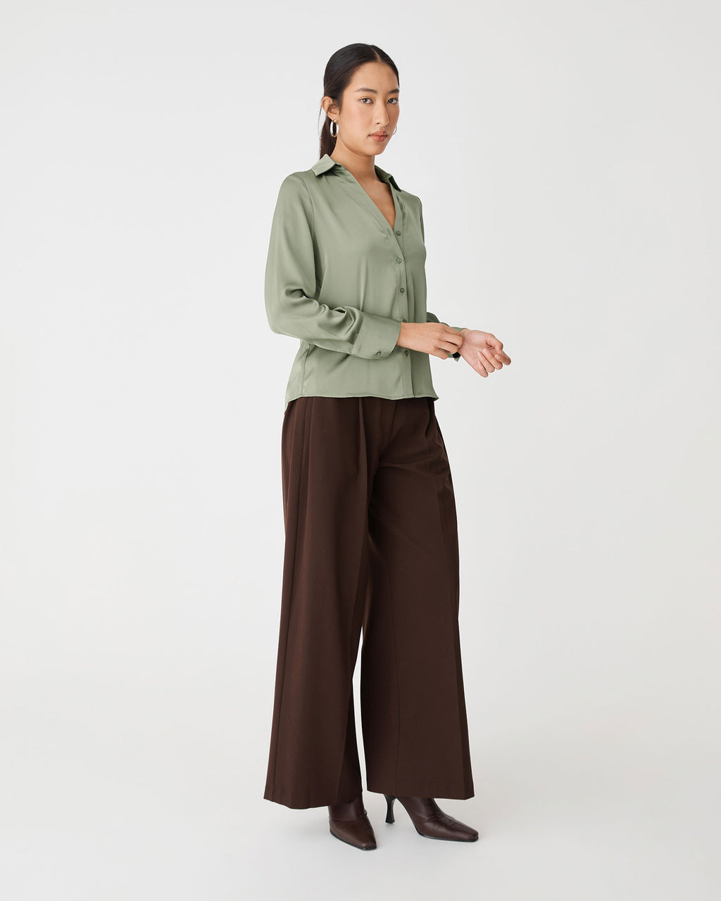 Lila V-Neck Satin Blouse in soft khaki — side view