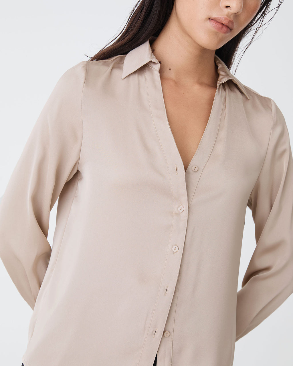 Lila V-Neck Satin Blouse in sand — fabric detail