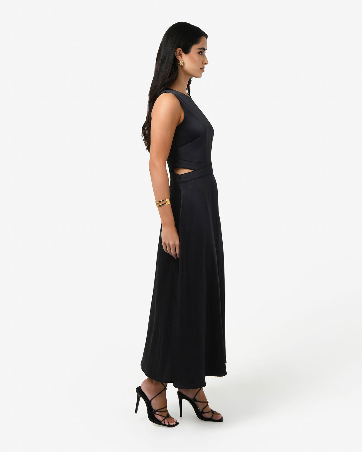 Louisa Cut Out Satin Dress in black — side view