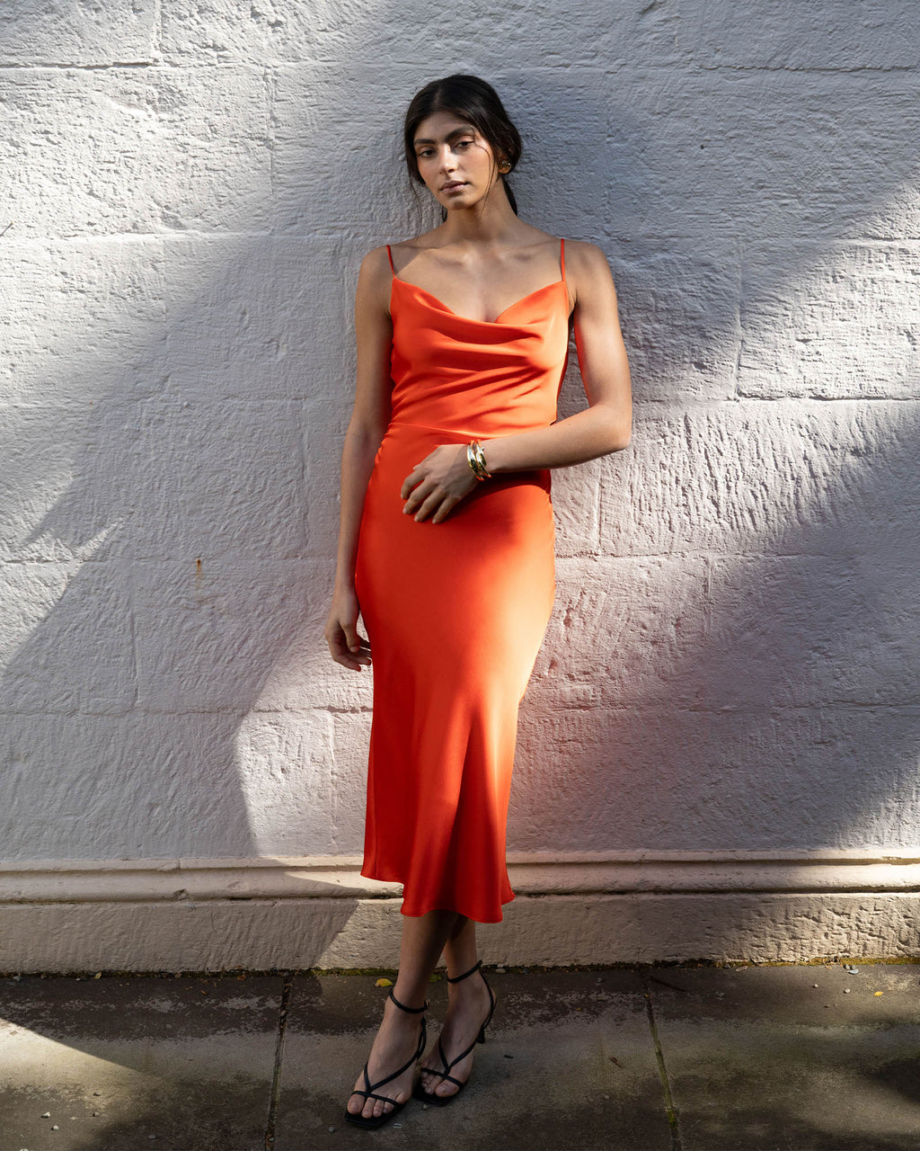 Mae Side Ruched Satin Dress in cherry tomato — alternate view