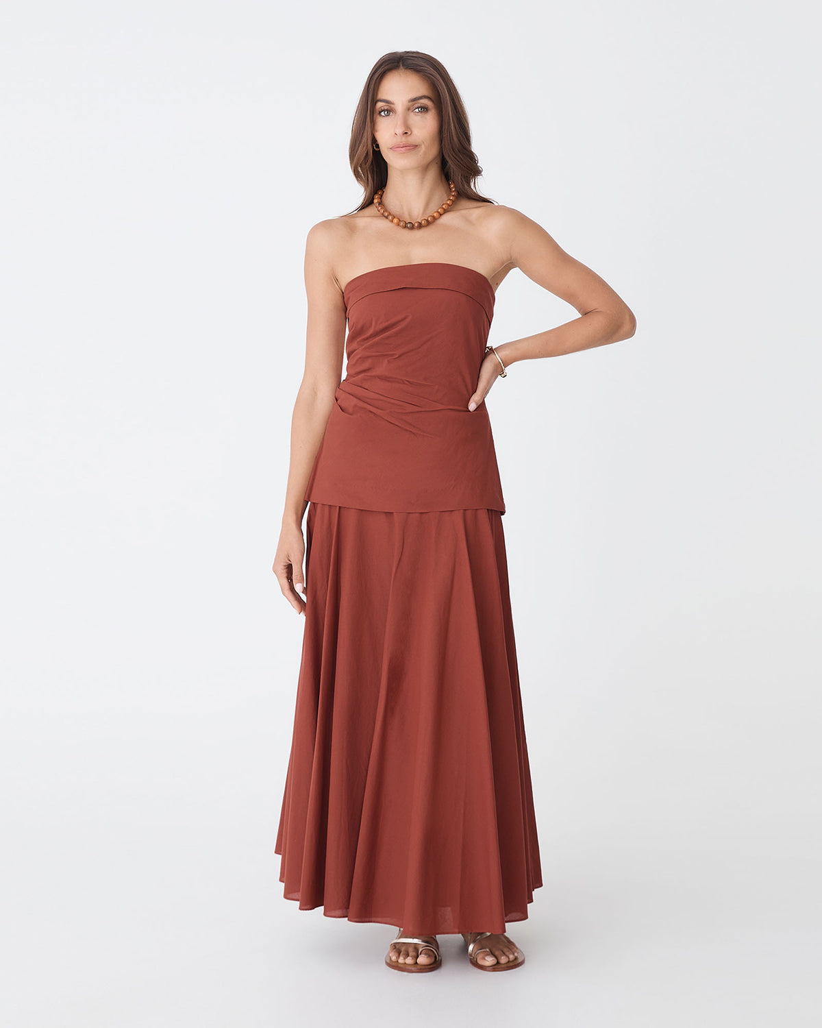 Deb Cotton Midi Full Skirt in brick — full-length view 2