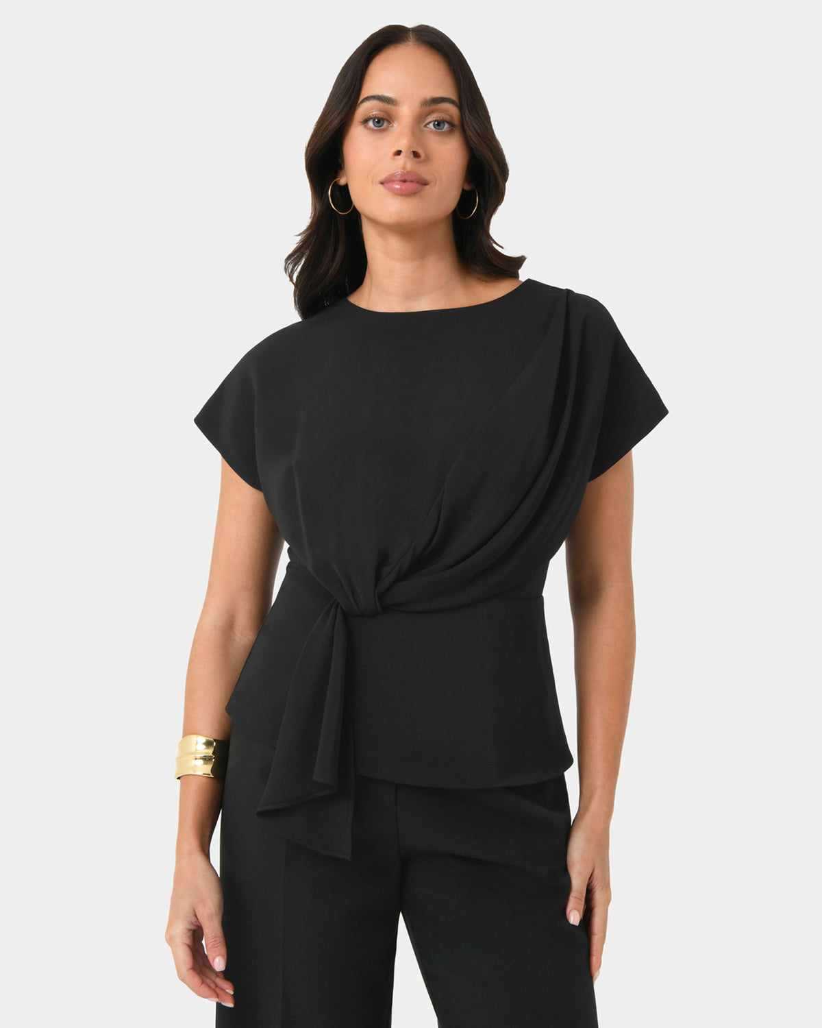 Athena Draped Top in black — close-up view 2