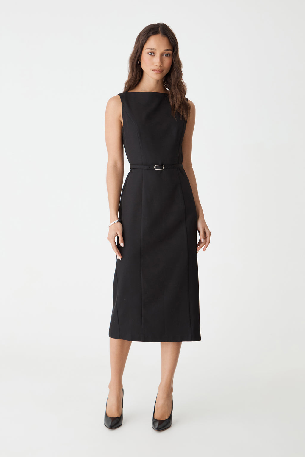 Front view of the black Mila Pencil Midi Dress with belt fastened at the waist