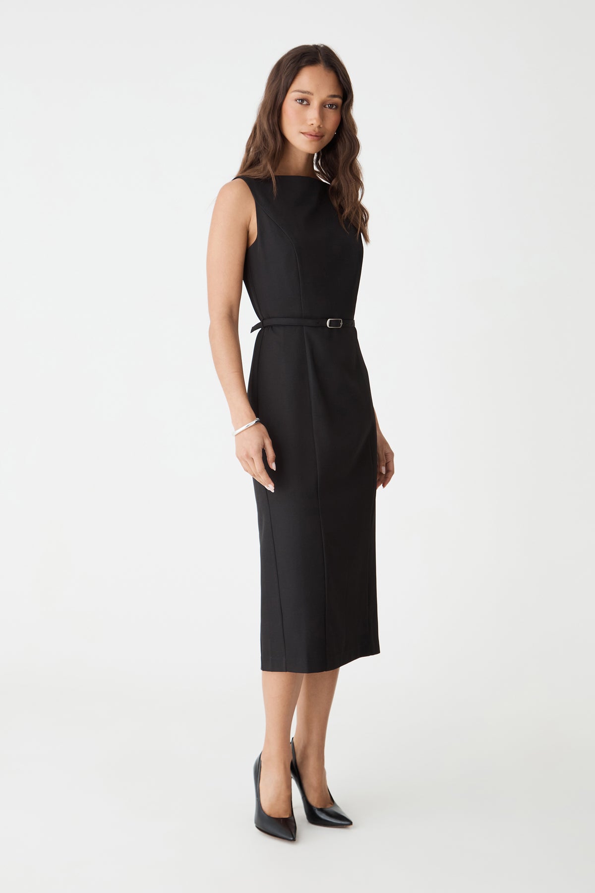 Side view of the black Mila Pencil Midi Dress showing the pencil silhouette