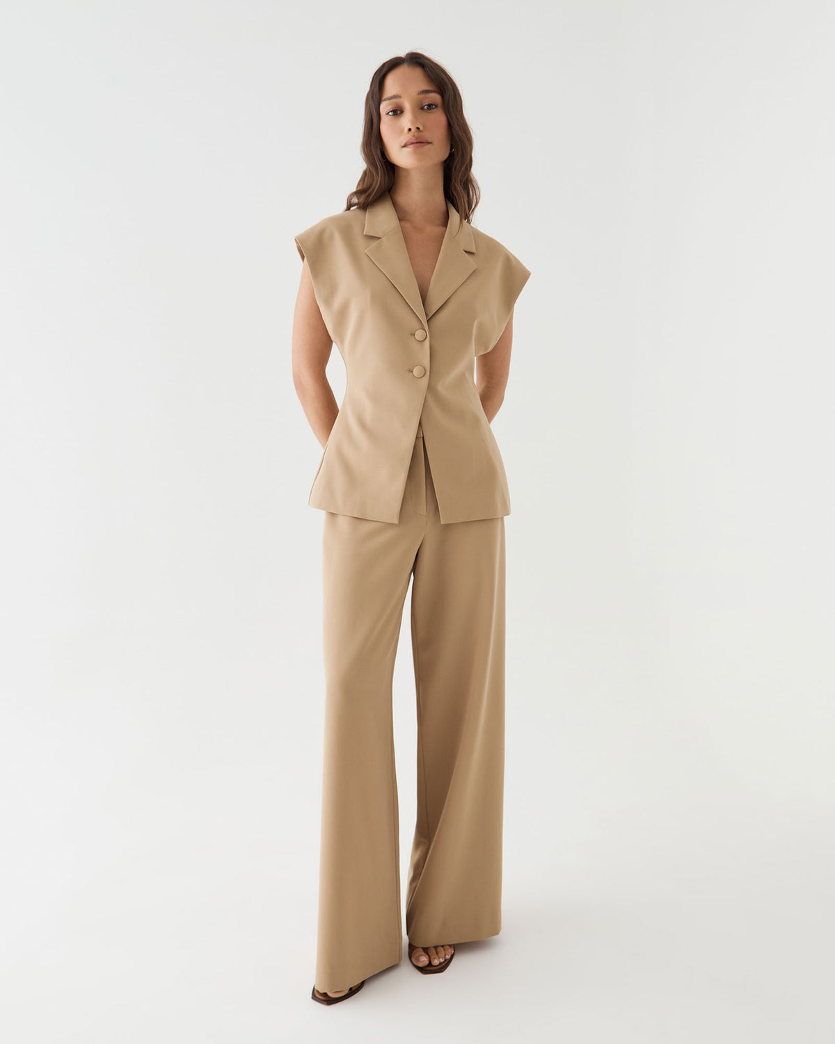 Milton Short Sleeve Blazer in camel, front view worn with matching camel wide leg pants