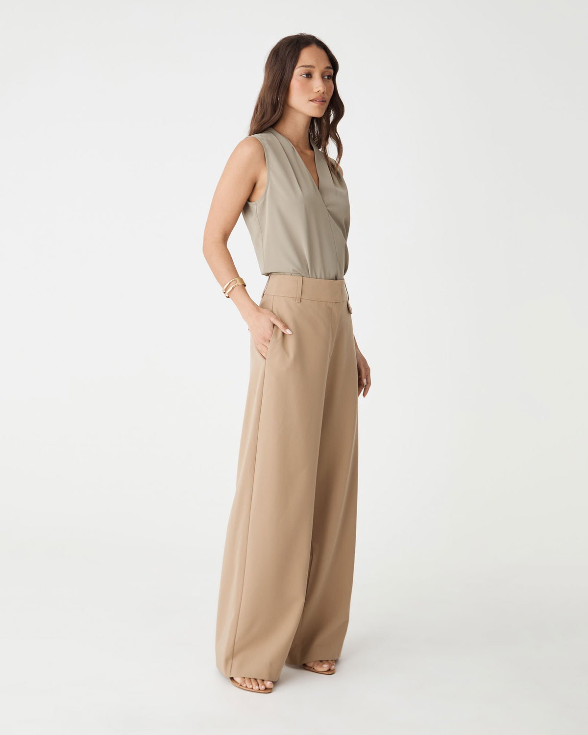 Side view of the Milton Wide Leg Pants in camel