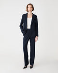 Merid Tailored Pants in navy, front view, worn with matching navy blazer and white top