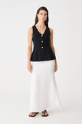Amelia Linen Blend Maxi Skirt in ivory, front view worn with a black sleeveless top
