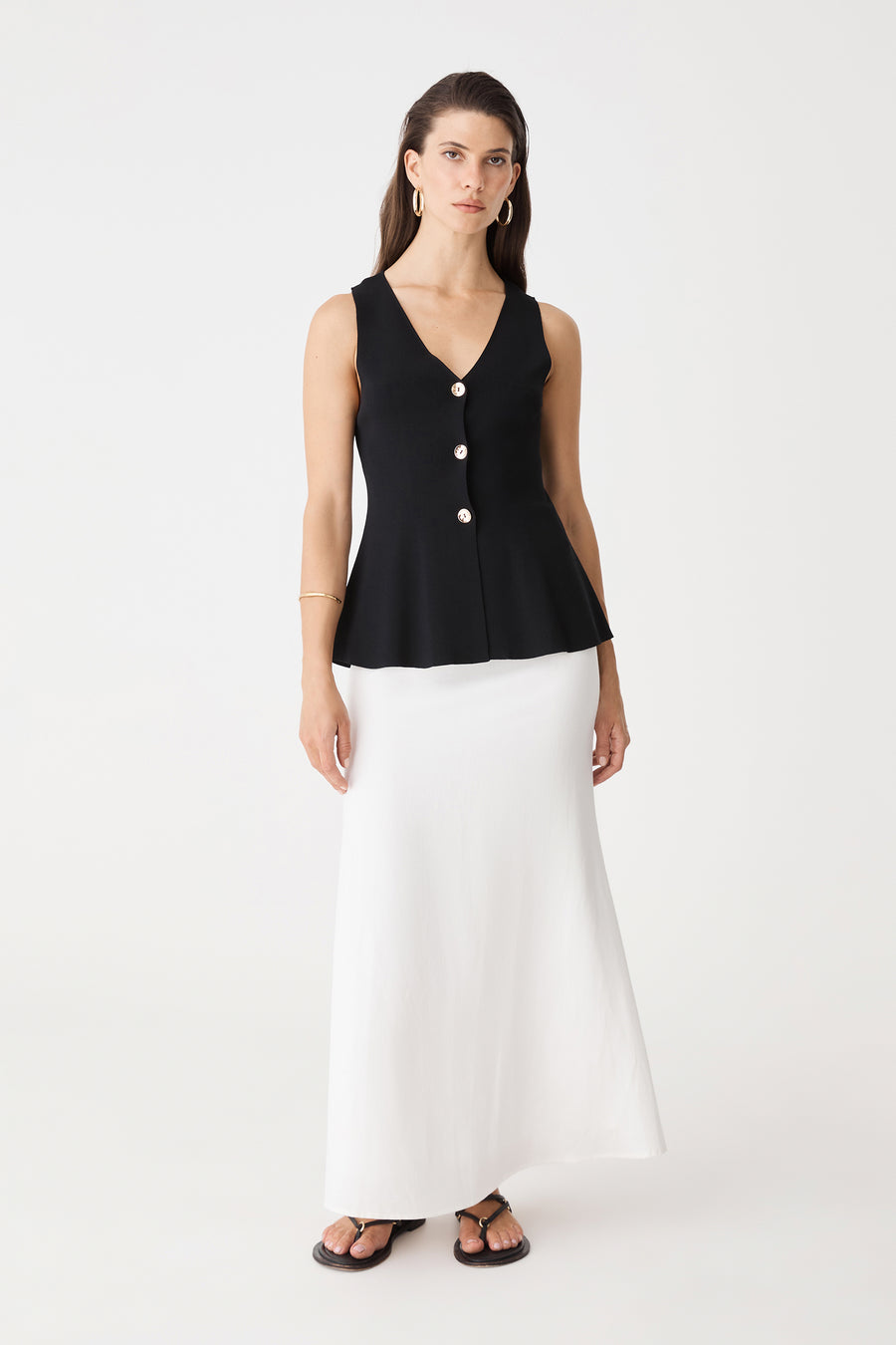Amelia Linen Blend Maxi Skirt in ivory, front view worn with a black sleeveless top