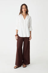 Jazie Tencel Linen Tab Shirt in ivory, front view with rolled tab sleeves and brown wide-leg pants