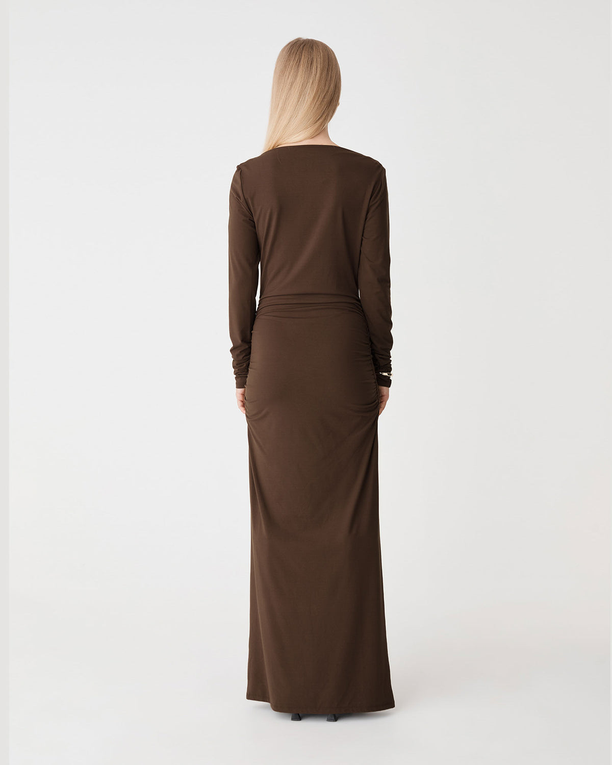 Isobel Bamboo Ruched Dress in espresso — back view