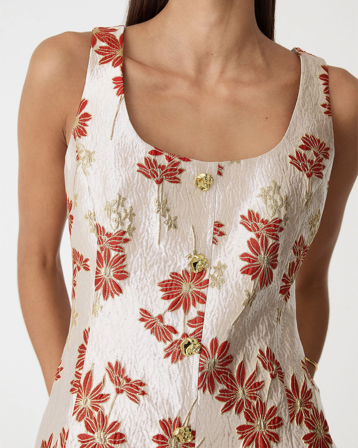 Priya Hourglass Mini Dress in red daisy — fabric detail