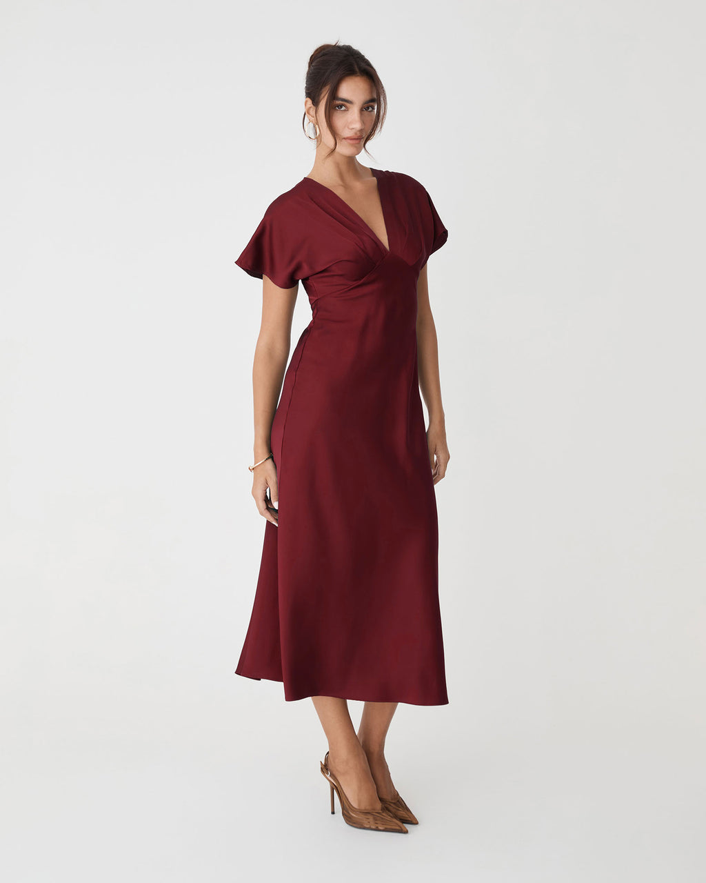 Catalina V-Neck Satin Dress in deep red — full-length view 2