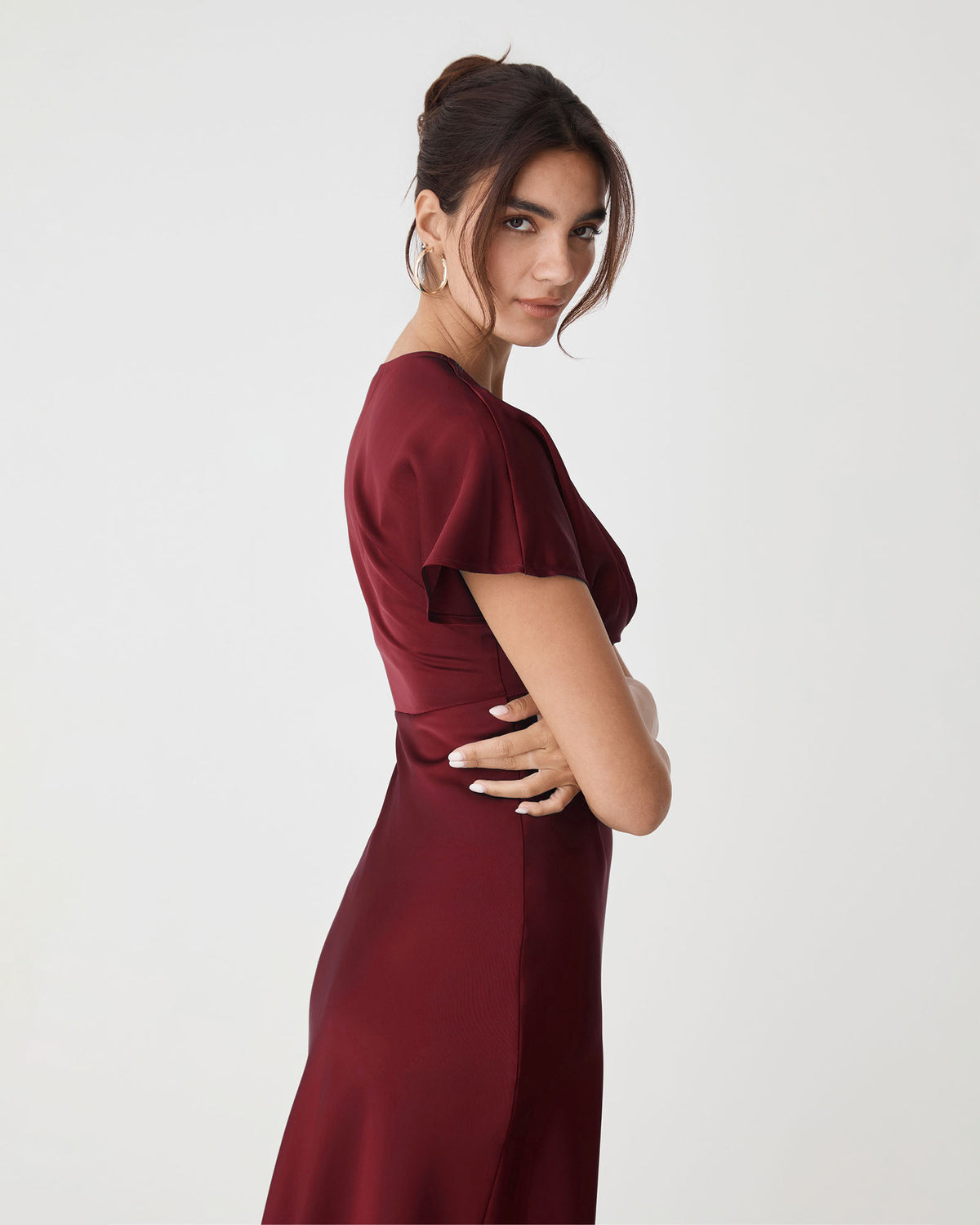Catalina V-Neck Satin Dress in deep red — side view