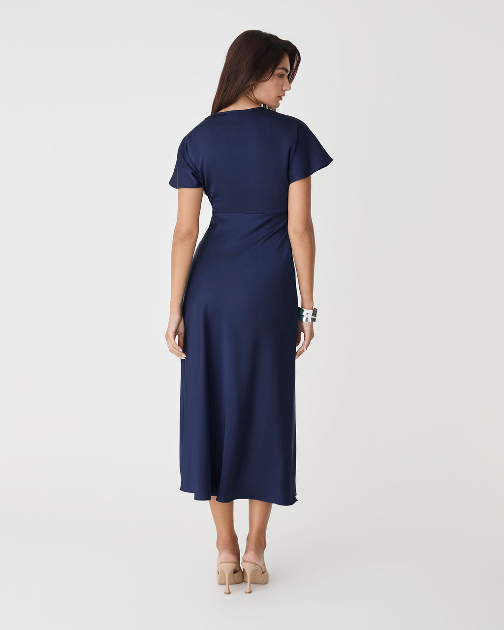 Catalina V-Neck Satin Dress in navy — back view