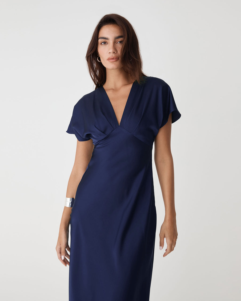 Catalina V-Neck Satin Dress in navy — close-up view
