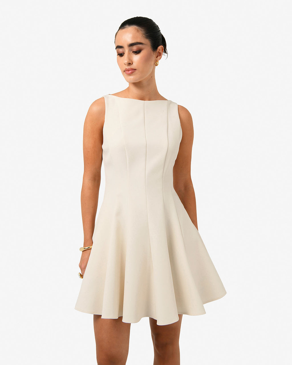 Sandy Panel Mini Dress in cream — close-up view