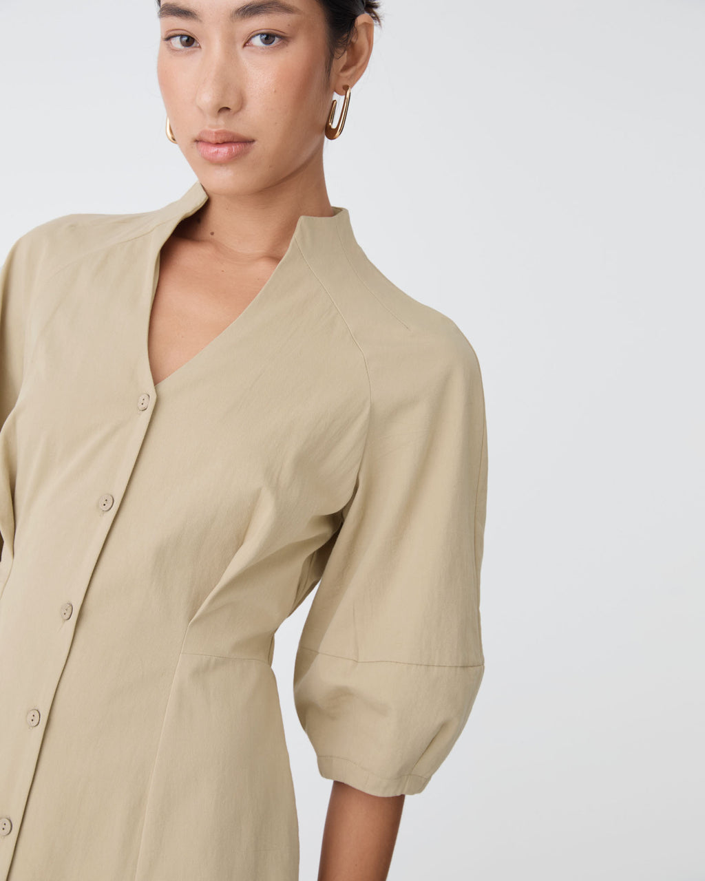 Lyn Lantern Sleeve Shirt Dress in sand — fabric detail