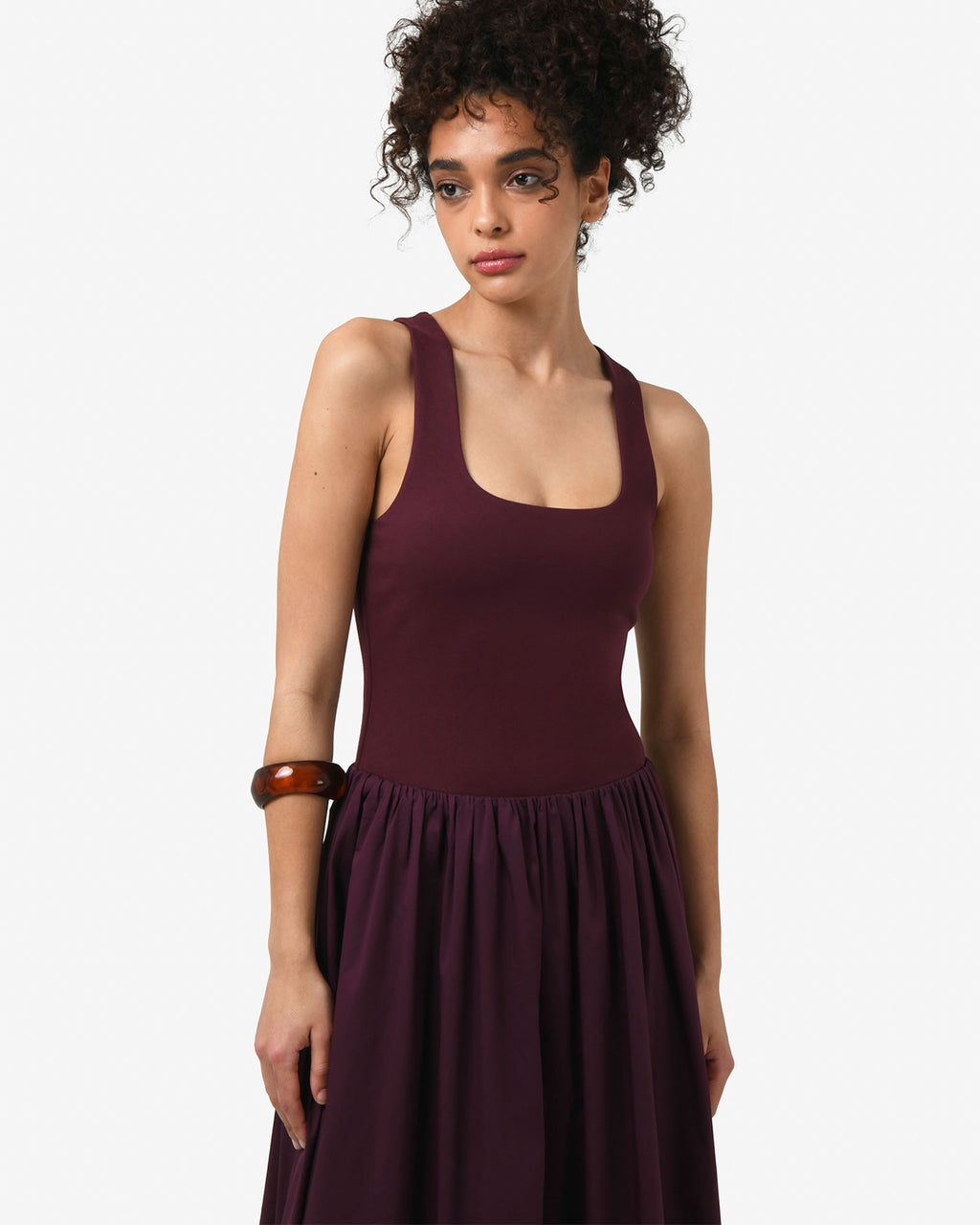 Soho Knit & Poplin Midi Dress in aubergine — close-up view
