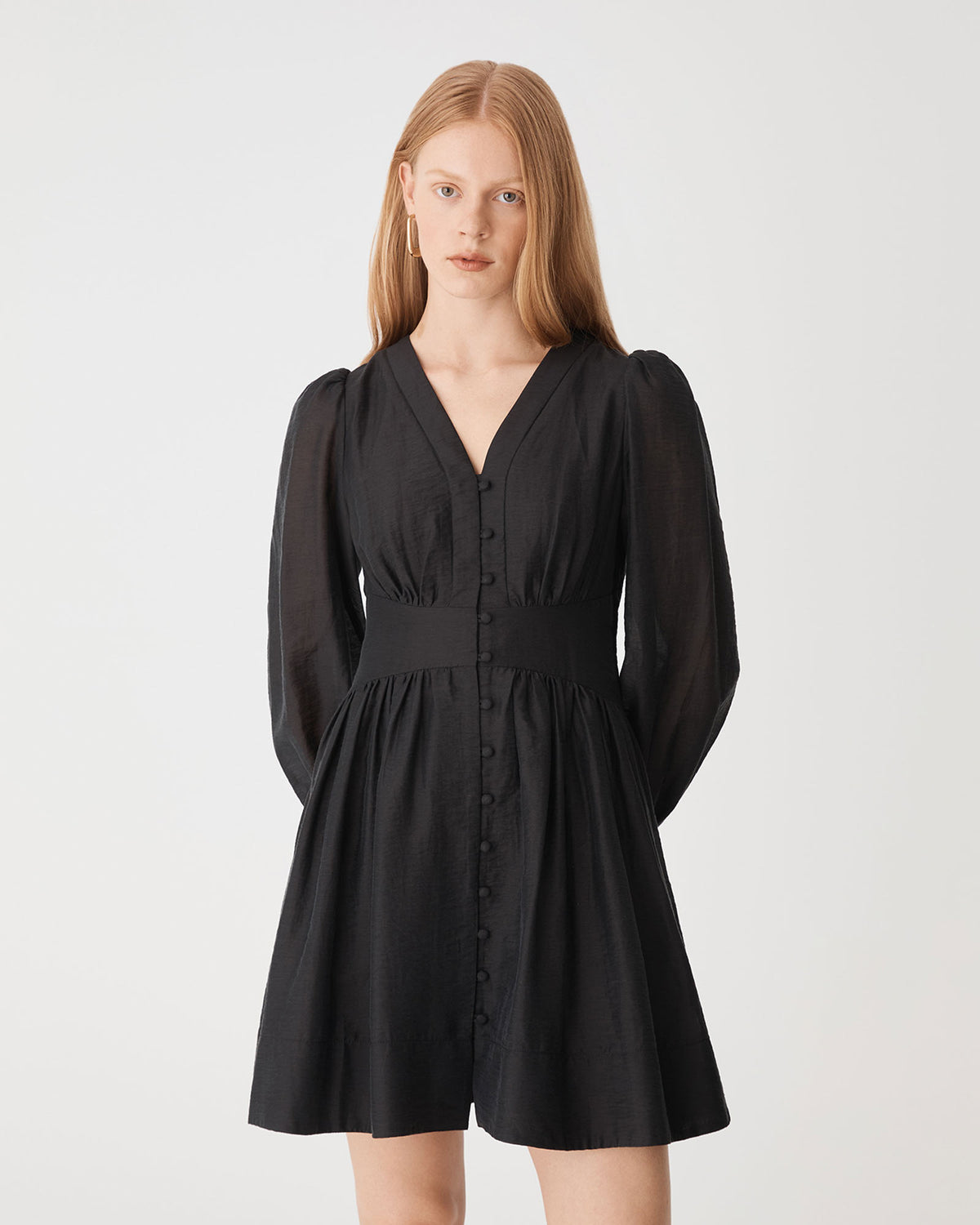 Paloma V-Neck Mini Dress in black — close-up view
