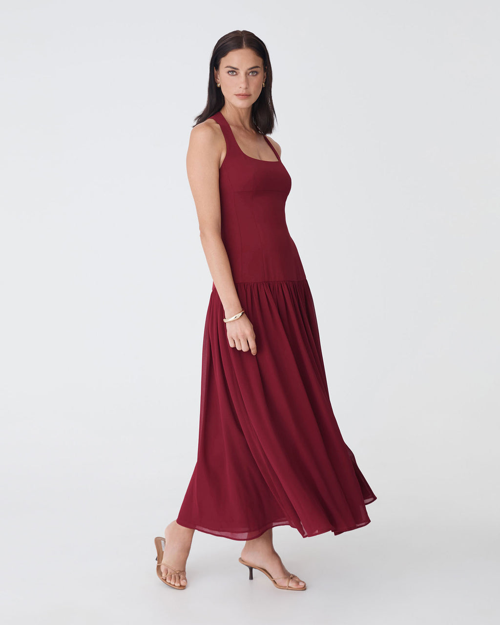 Selena Dropped Waist Dress in deep red — side view