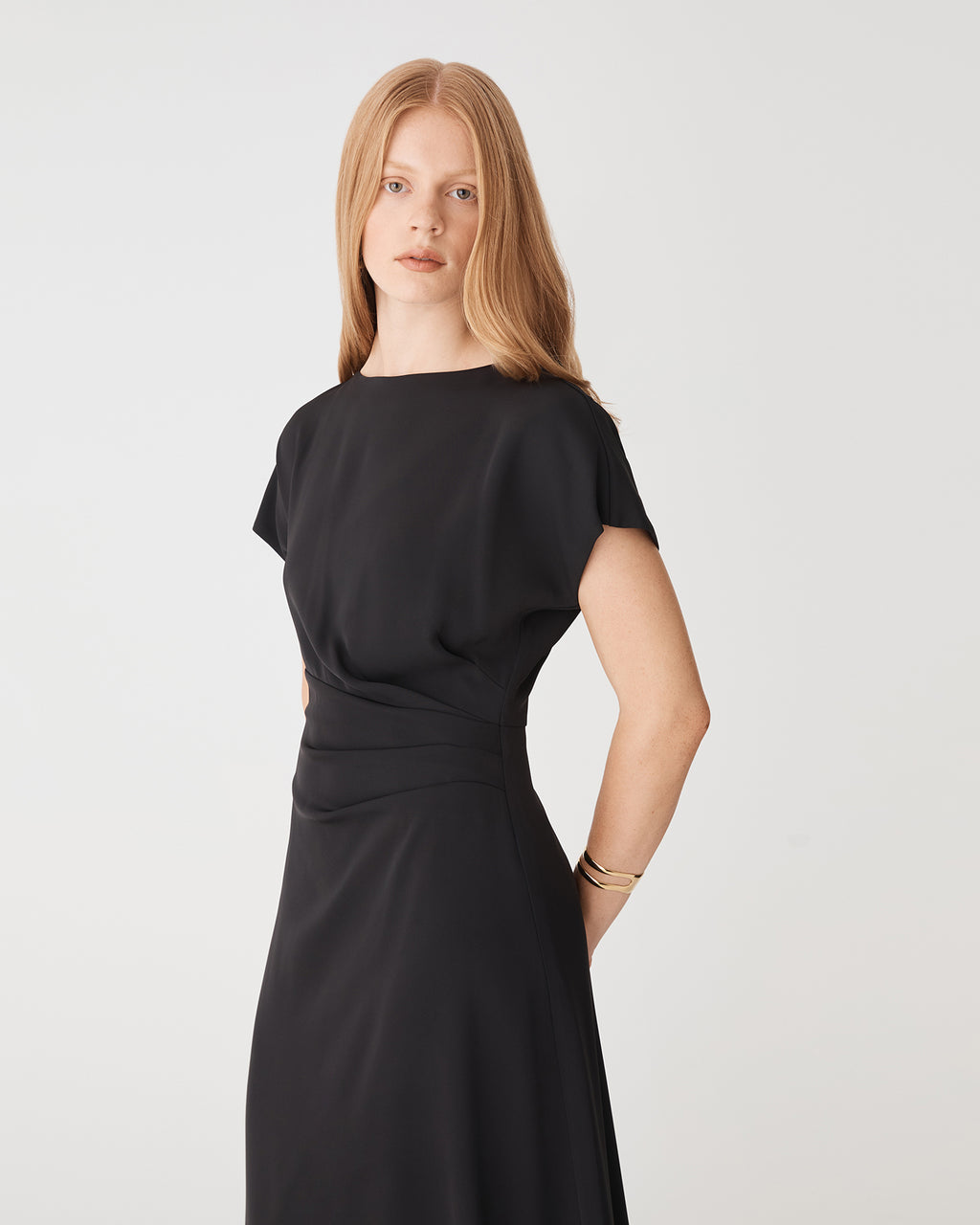 Bianca Side Pleat Midi Dress in black — close-up view