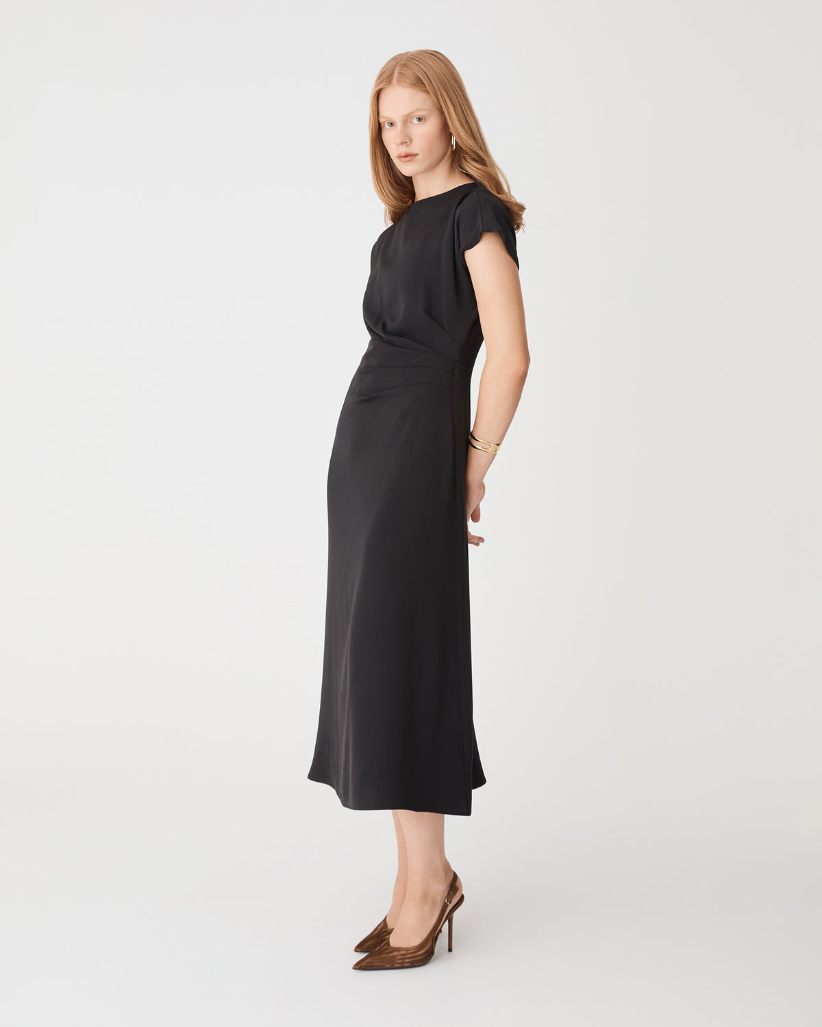 Bianca Side Pleat Midi Dress in black — side view