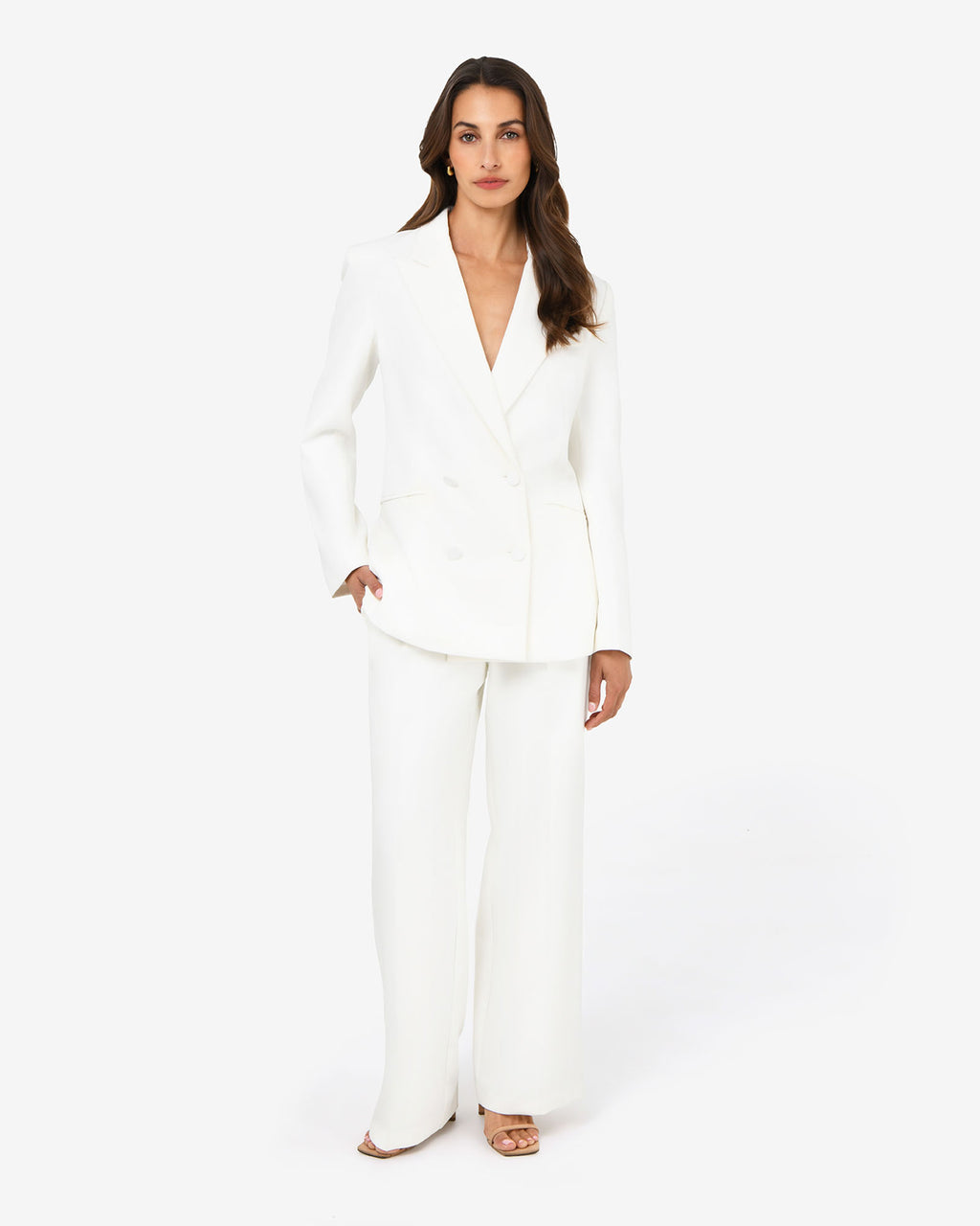 Nikki Double Breasted Blazer in ivory — full-length view