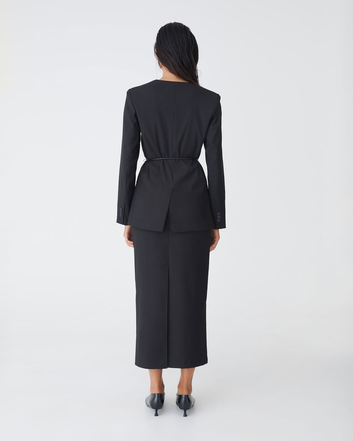 Aaria Collarless Blazer in black — back view