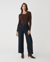 Henley Button Up Knit in chocolate — full-length view
