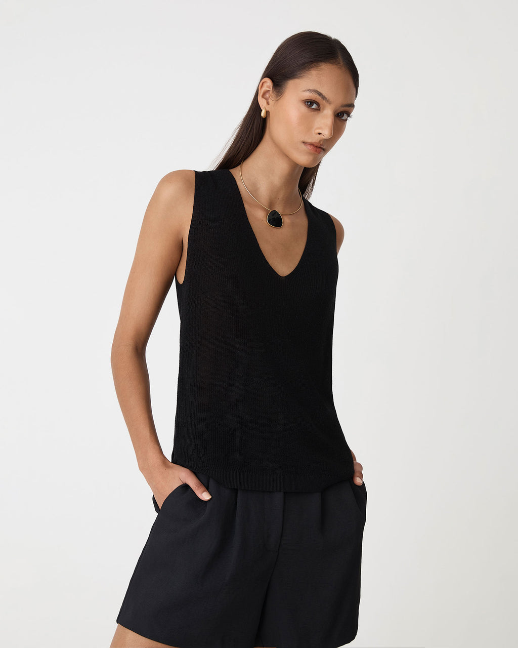 Jillian Lyocell Blend Tank in black — close-up view