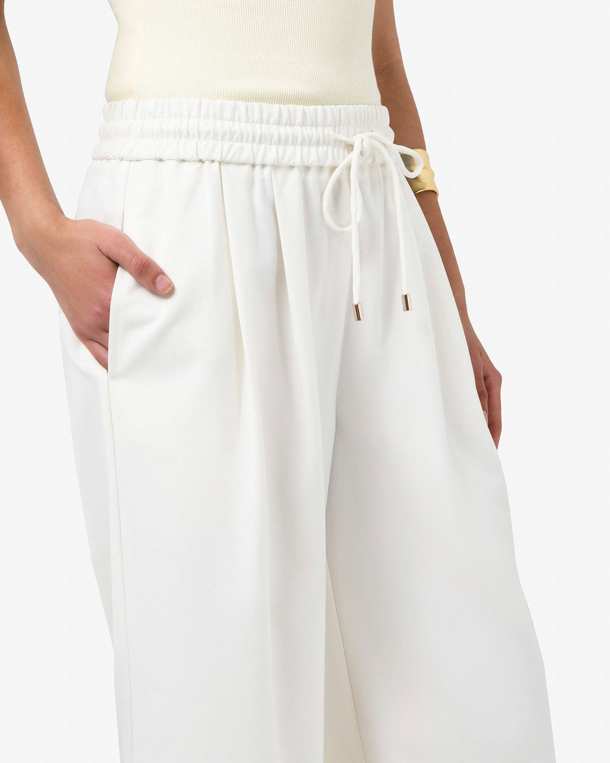 Amera Elastic Waist Pants in tofu — fabric detail