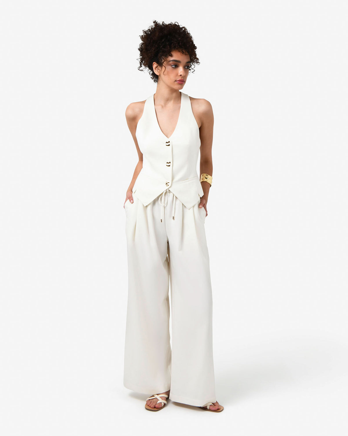 Amera Elastic Waist Pants in tofu — full-length view 2