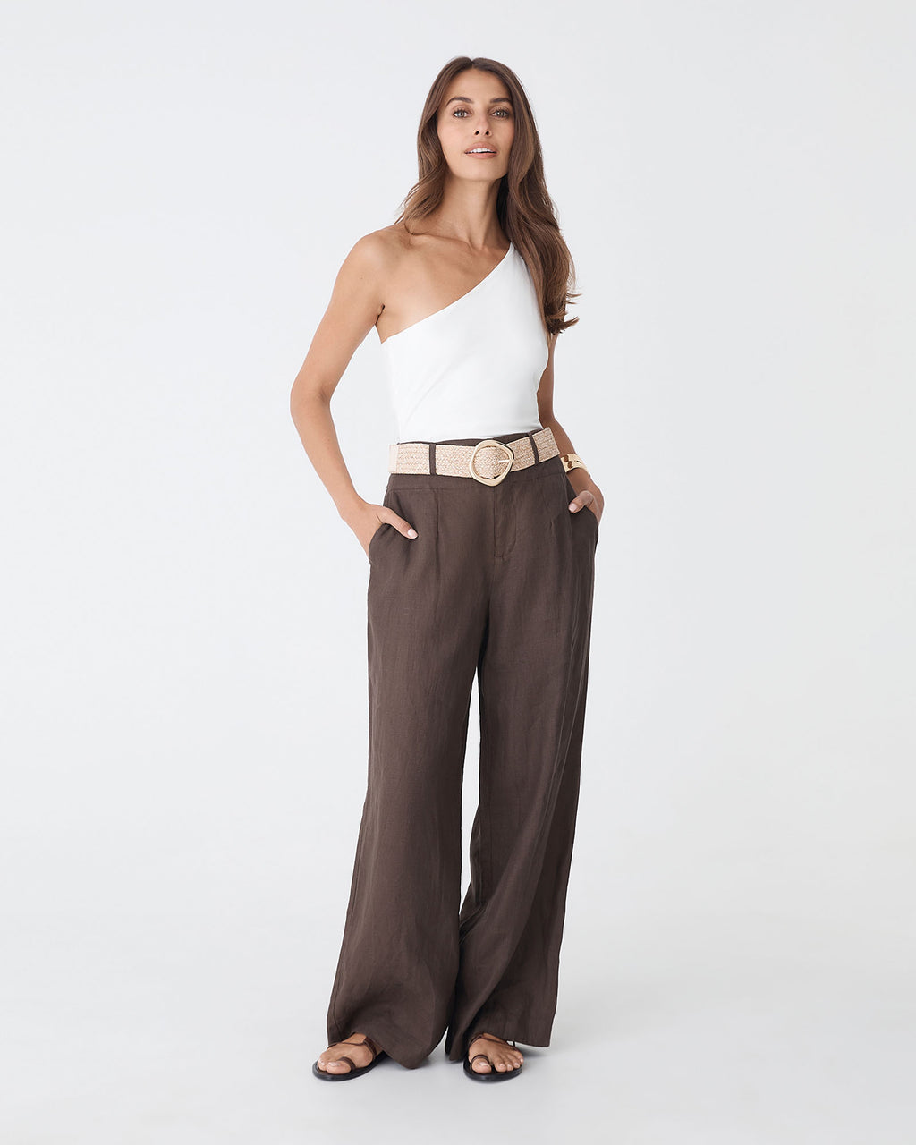 Ivy Linen Wide Leg Pants in chocolate — full-length view