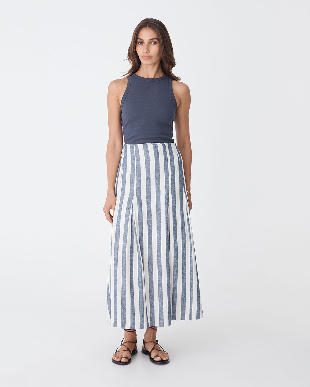 Ikaria Linen Blend Midi Skirt in blue stripe — full-length view 2