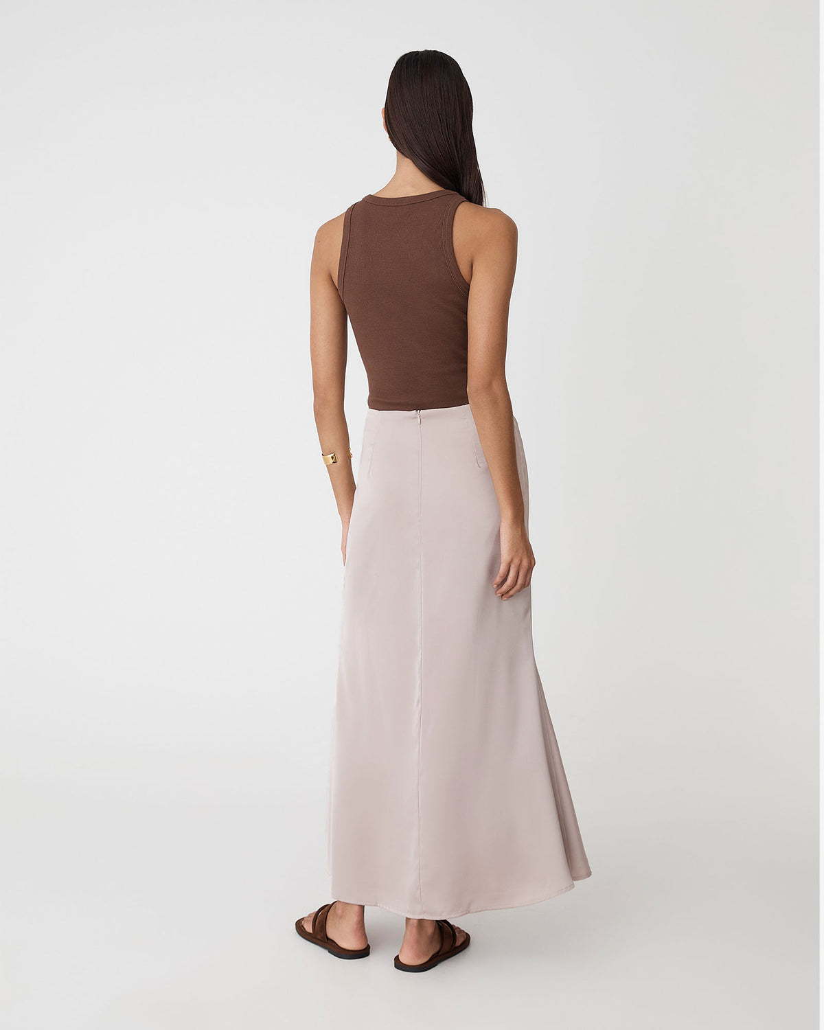 Leigh Satin Maxi Skirt in light taupe — back view