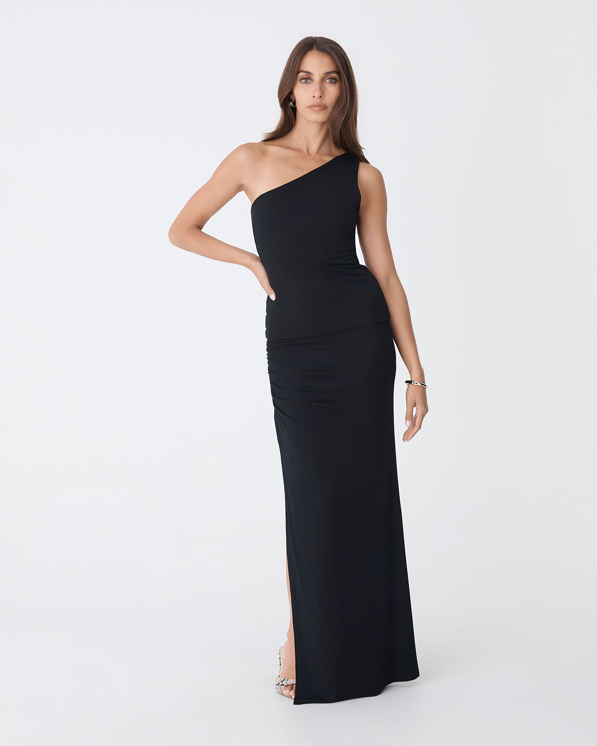 Kirsty Bamboo Ruched Skirt in black — full-length view