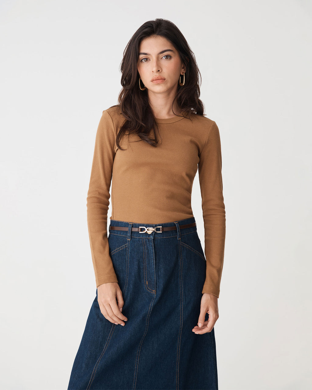 Devon Long Sleeve Rib Tee in ochre — close-up view