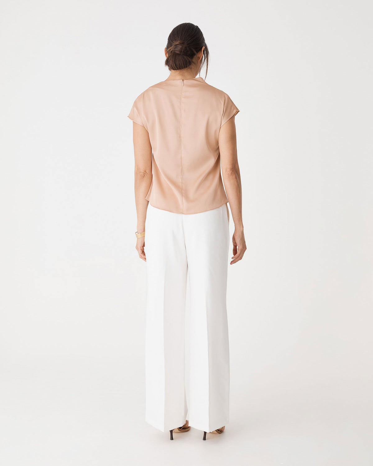 Zafina Pleated Draped Top in almond — back view