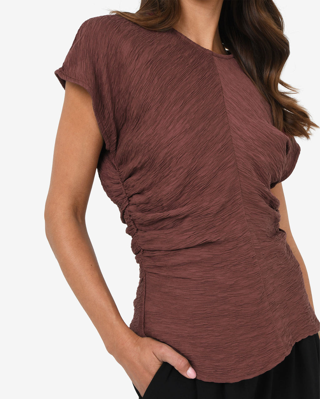 Pricilla Draped Top in clay — close-up view 2